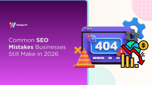 Illustration of common SEO mistakes including 404 errors, ranking drops, and technical issues affecting website performance in 2026.
