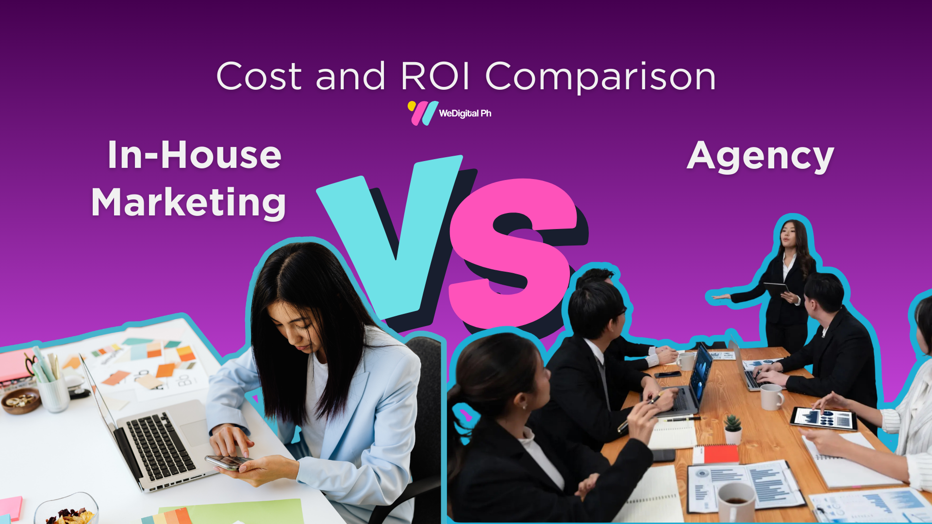 Comparison between in-house marketing and agency marketing teams, highlighting cost and ROI differences for business growth.