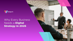 Business professionals in a strategy meeting reviewing growth charts on a whiteboard, representing the importance of digital strategy for businesses in 2026.