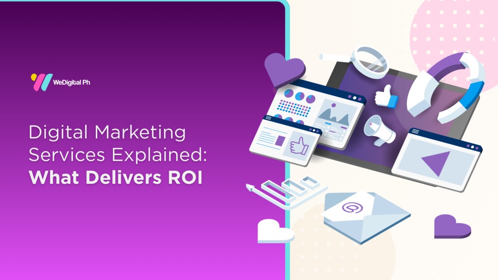 Digital marketing dashboard illustrations showing analytics, content, engagement, and lead generation tools that highlight services delivering measurable ROI.
