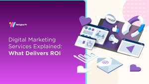 Digital marketing dashboard illustrations showing analytics, content, engagement, and lead generation tools that highlight services delivering measurable ROI.