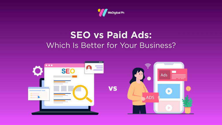 Illustration comparing SEO and paid advertising, showing organic search optimization versus paid ads to help businesses decide which strategy works best.