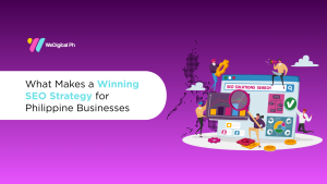 Illustration of a winning SEO strategy for Philippine businesses, showing analytics dashboards, search optimization tools, and growth performance metrics.