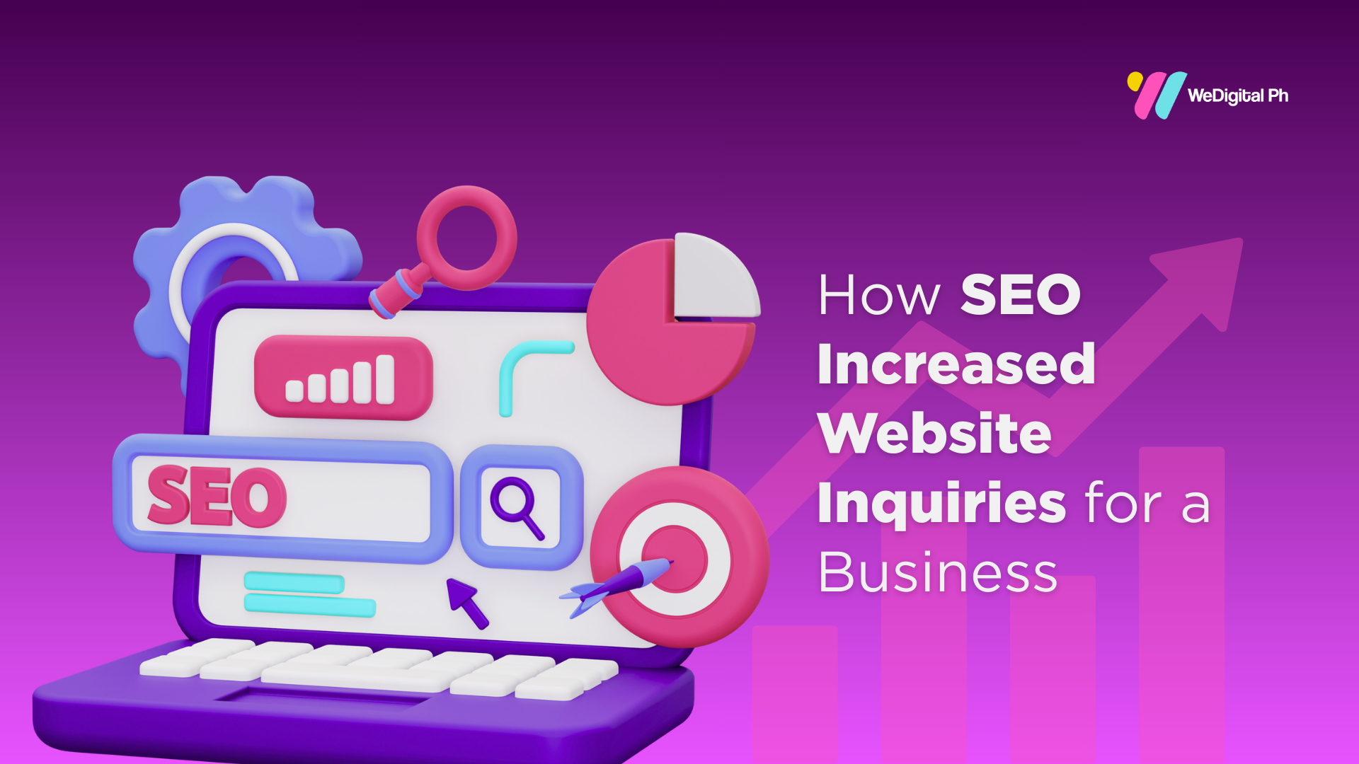 SEO dashboard illustration showing increased website traffic and inquiries driven by search engine optimization strategies.