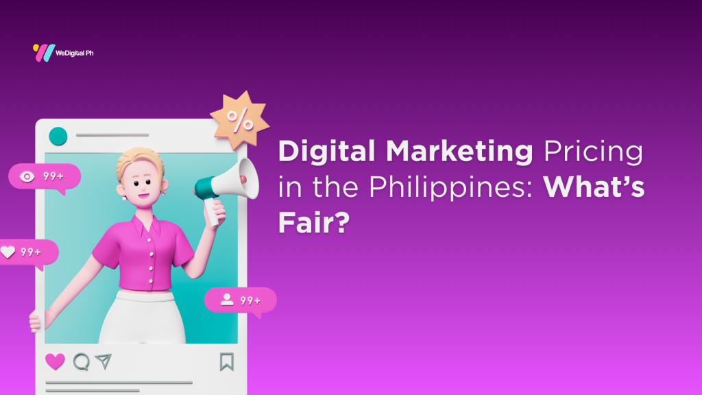 Illustration of a digital marketer promoting content on social media, representing digital marketing pricing and ROI considerations for businesses in the Philippines.