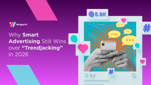Social media marketing illustration showing smartphone engagement, hashtags, and online interactions highlighting smart advertising strategies in 2026.