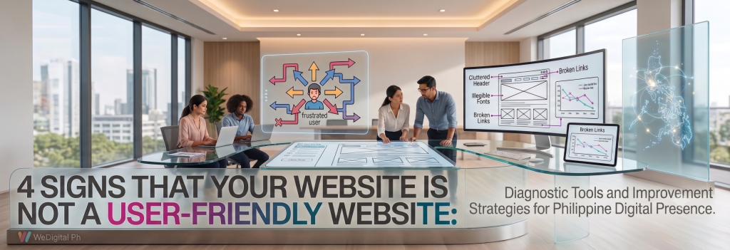 A digital marketing team reviewing website usability issues, including broken links, cluttered navigation, outdated design, and mobile responsiveness to improve user experience.