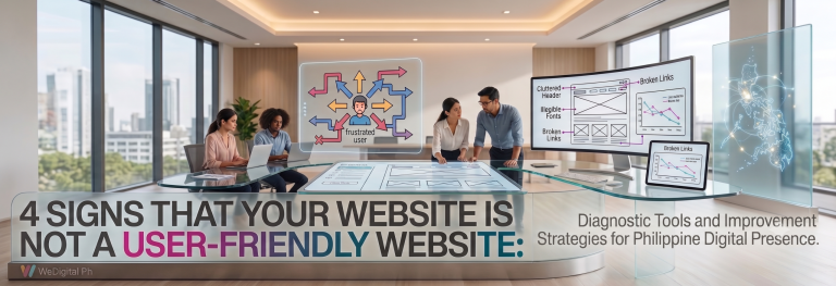 A digital marketing team reviewing website usability issues, including broken links, cluttered navigation, outdated design, and mobile responsiveness to improve user experience.