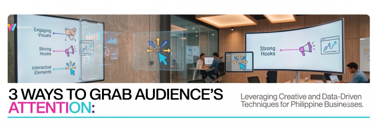 Digital marketing presentation showing strategies for grabbing audience attention through engaging visuals, strong content hooks, and interactive elements.